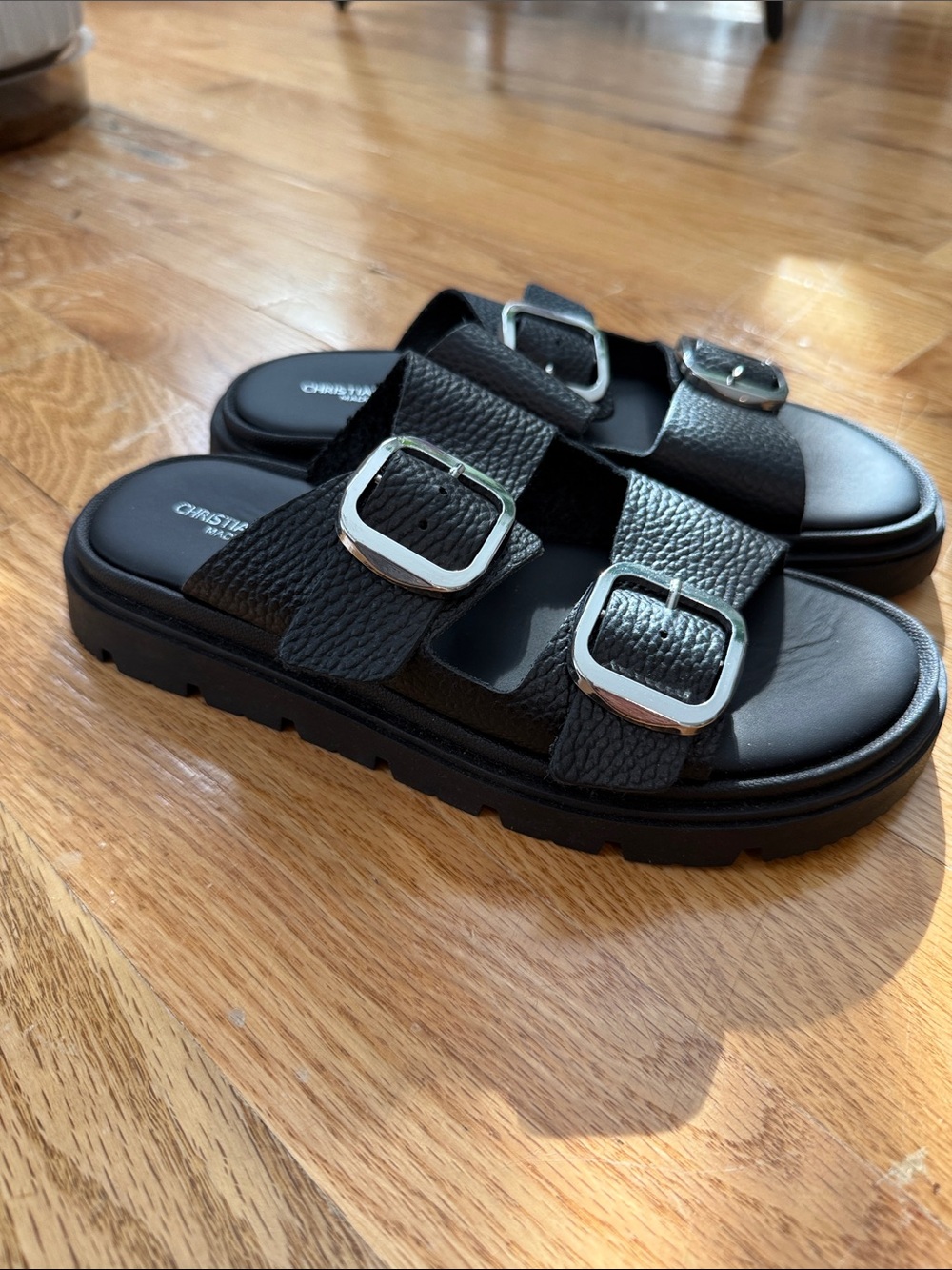 Christian Di Riccio Black Double Buckle Slide Sandals